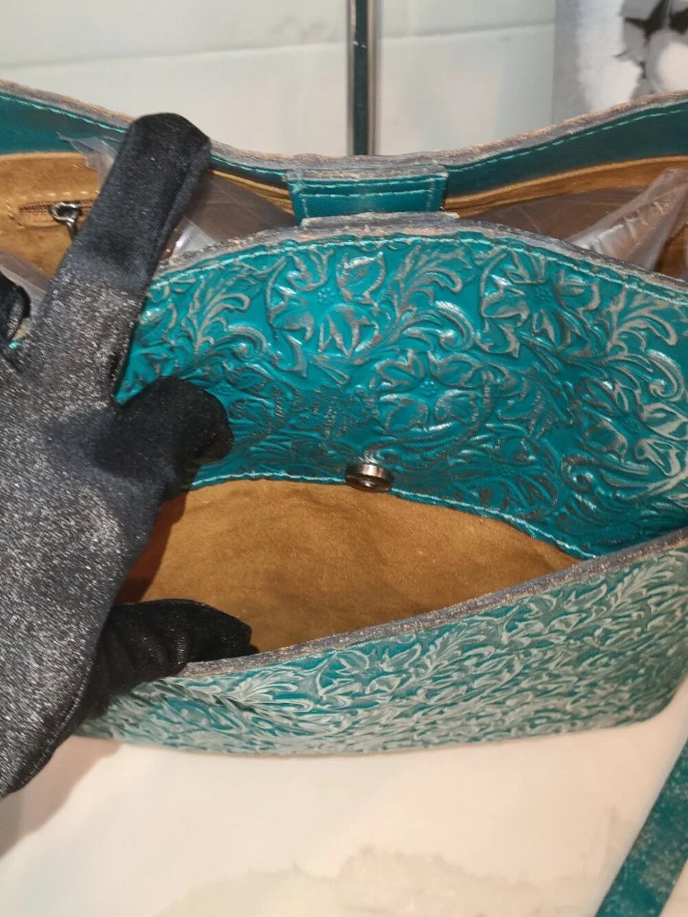 Patricia Nash Harper Tote Crossbody Teal Silver Metallic Floret Tooled Leather